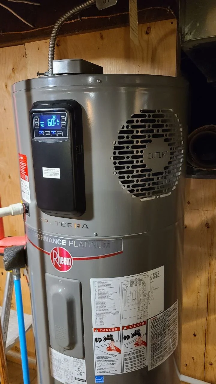 Rheem ProTerra heat-pump storage water heater with controls and piping