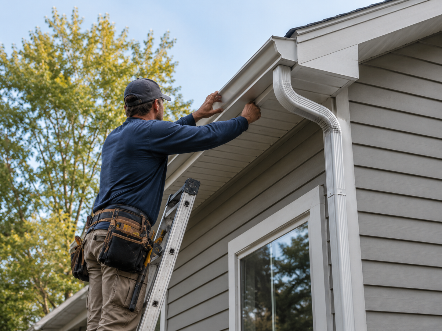 Contractor installing a new aluminum eavestrough gutter system on a Hamilton home.