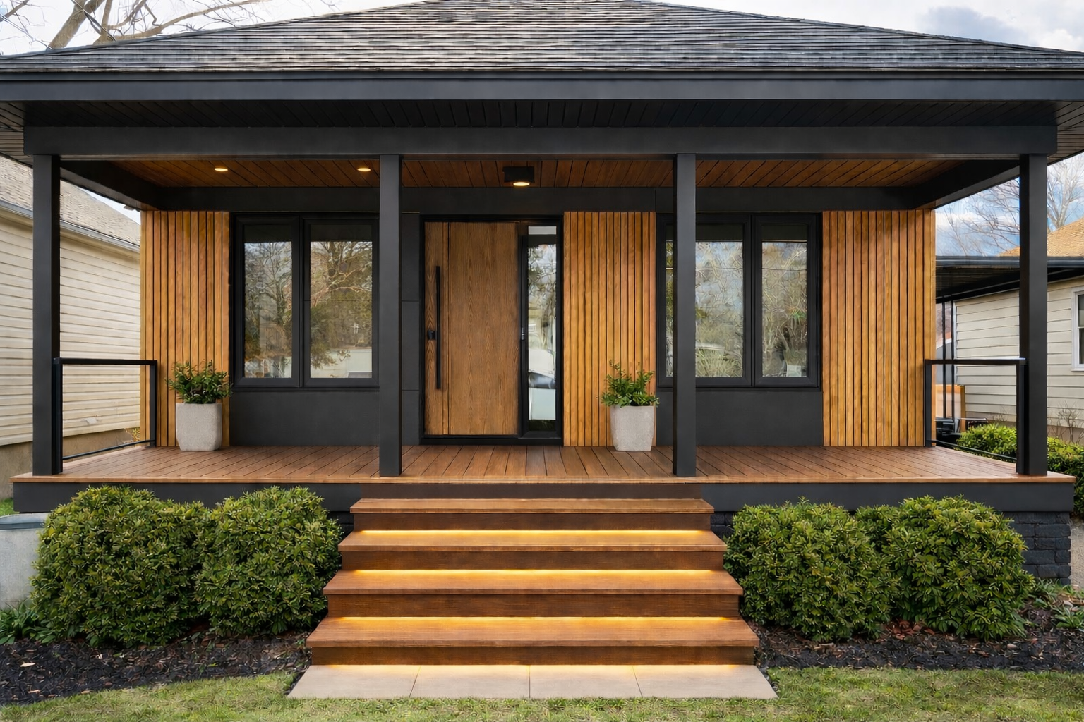 Front porch with warm wood-look siding and black trim in Niagara-on-the-Lake