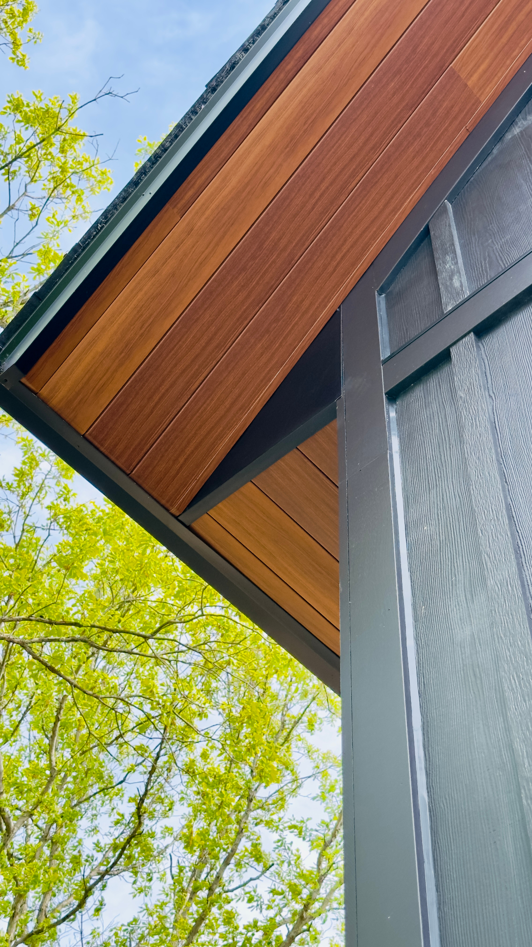 Wood-look soffit and fascia detail on a Welland home exterior
