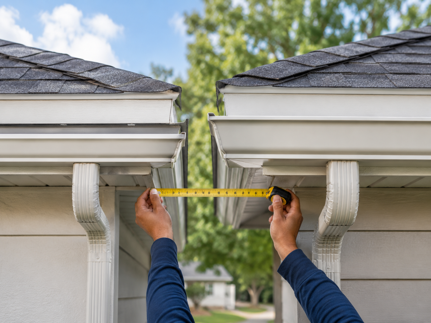 Contractor measuring gutter width to compare 5-inch and 6-inch eavestrough options.
