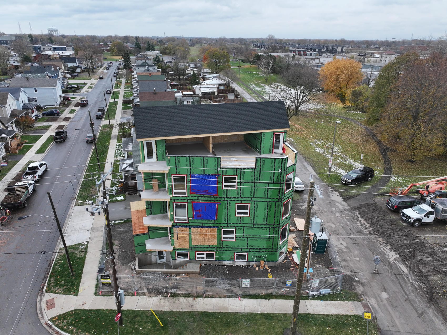 Wider aerial overview of commercial exterior project in Welland Ontario