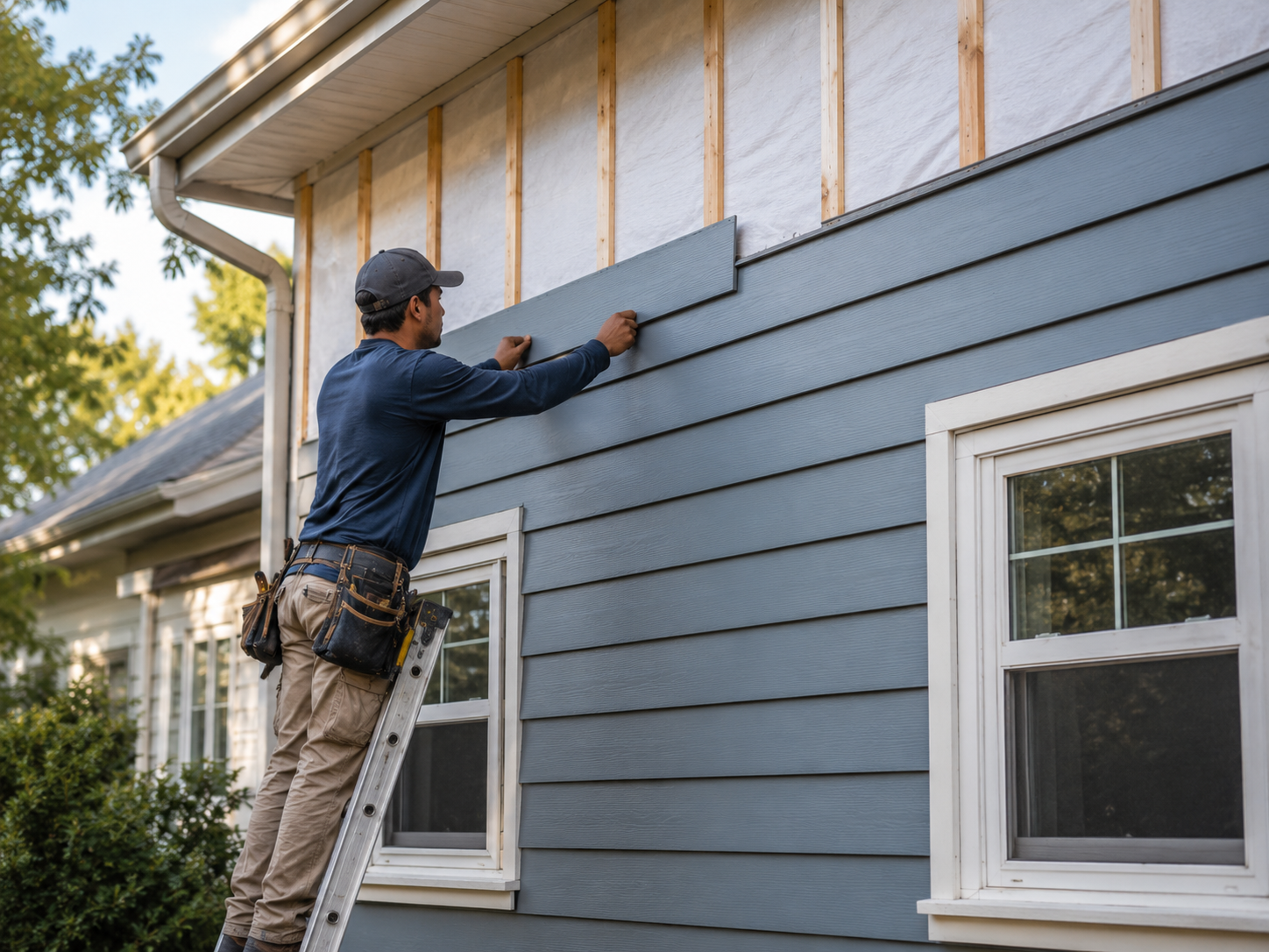 Contractor installing James Hardie horizontal lap siding on a Niagara home exterior.