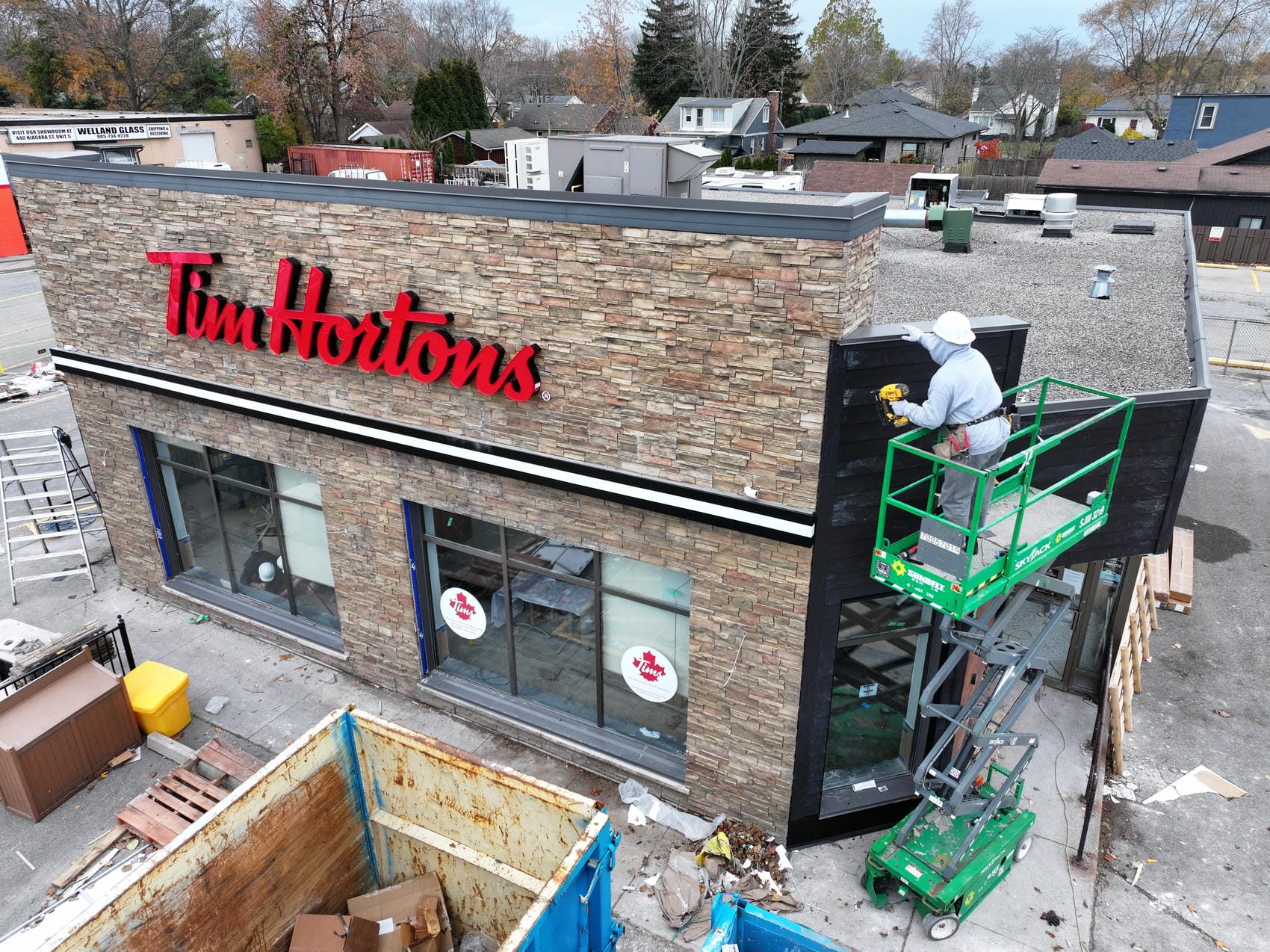 Commercial exterior work in progress at Tim Hortons location in Grimsby