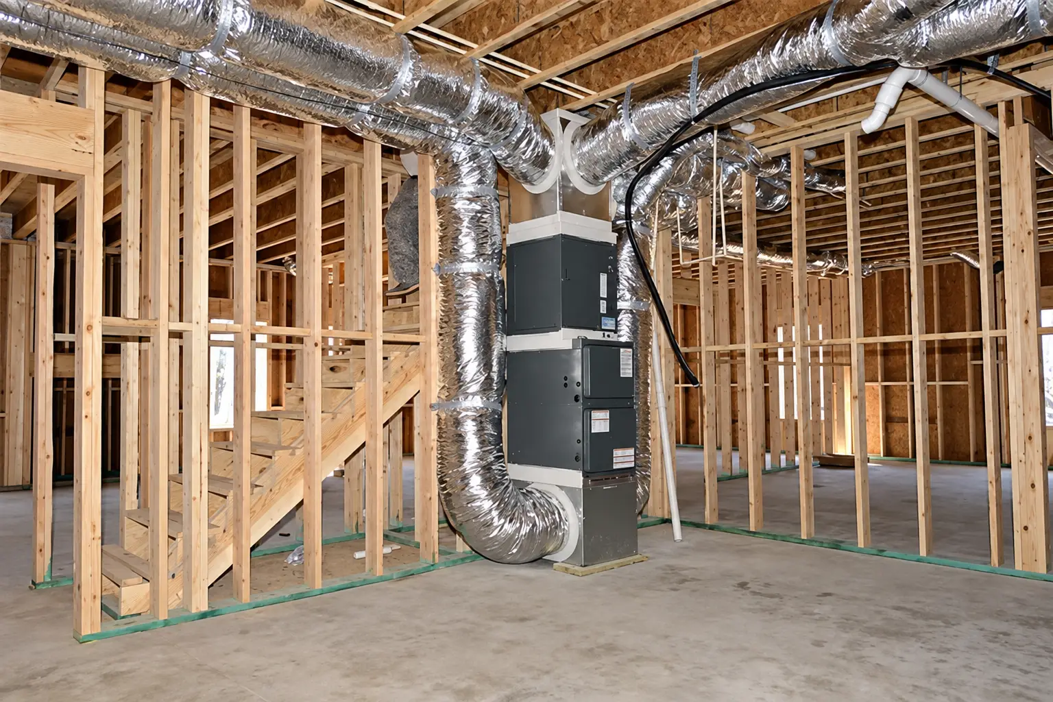 New furnace air handler and venting connections with ductwork in an unfinished basement