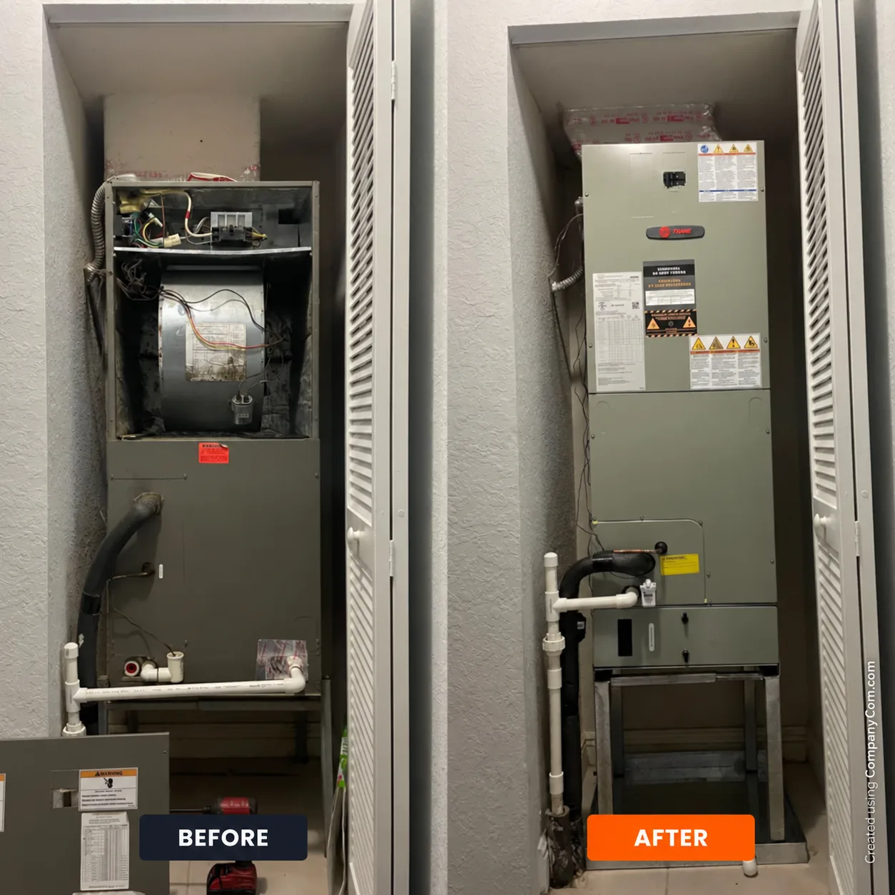 Before and after of a furnace replacement