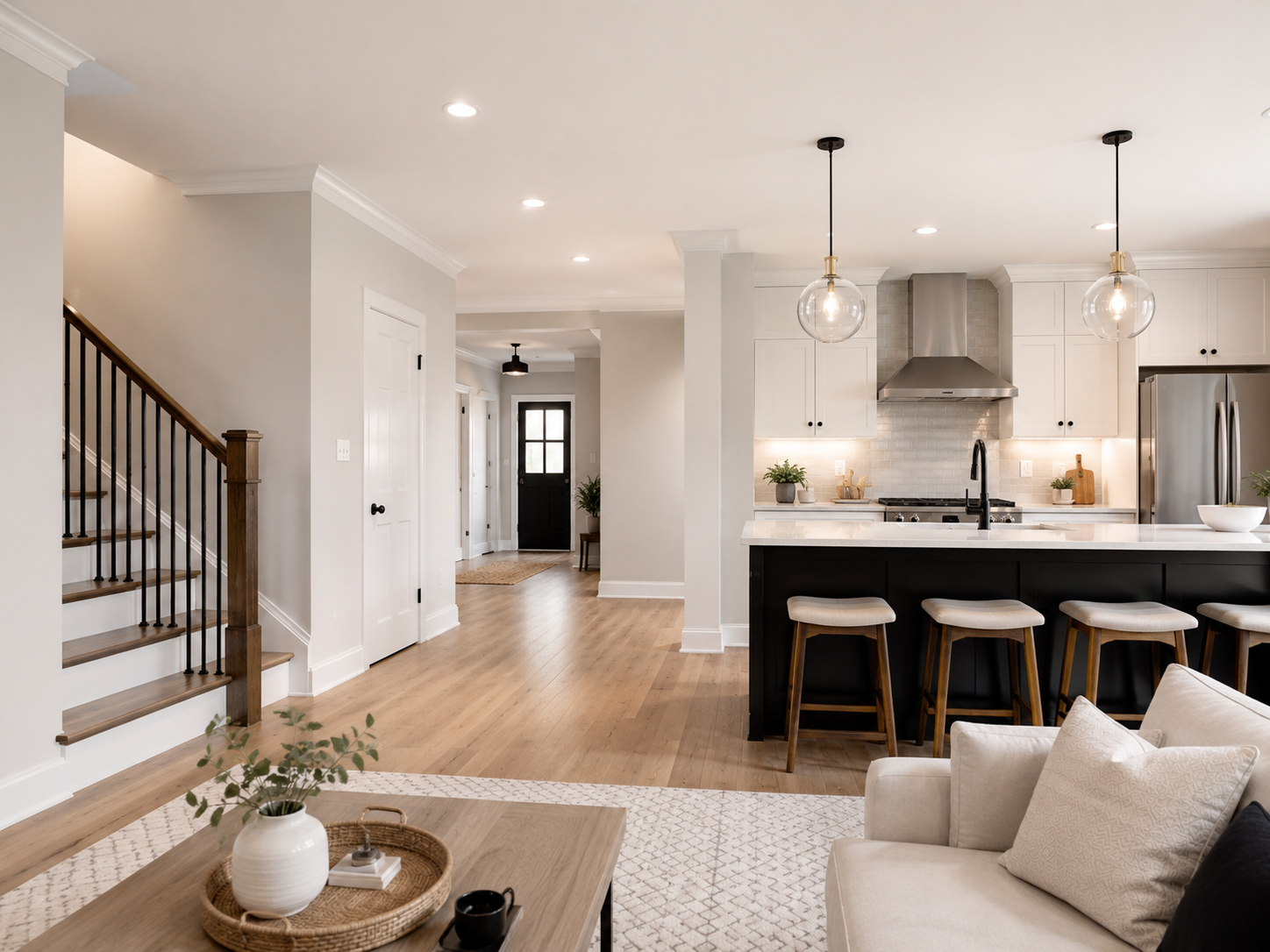Bright, finished interior with hardwood floors, staircase, and modern kitchen