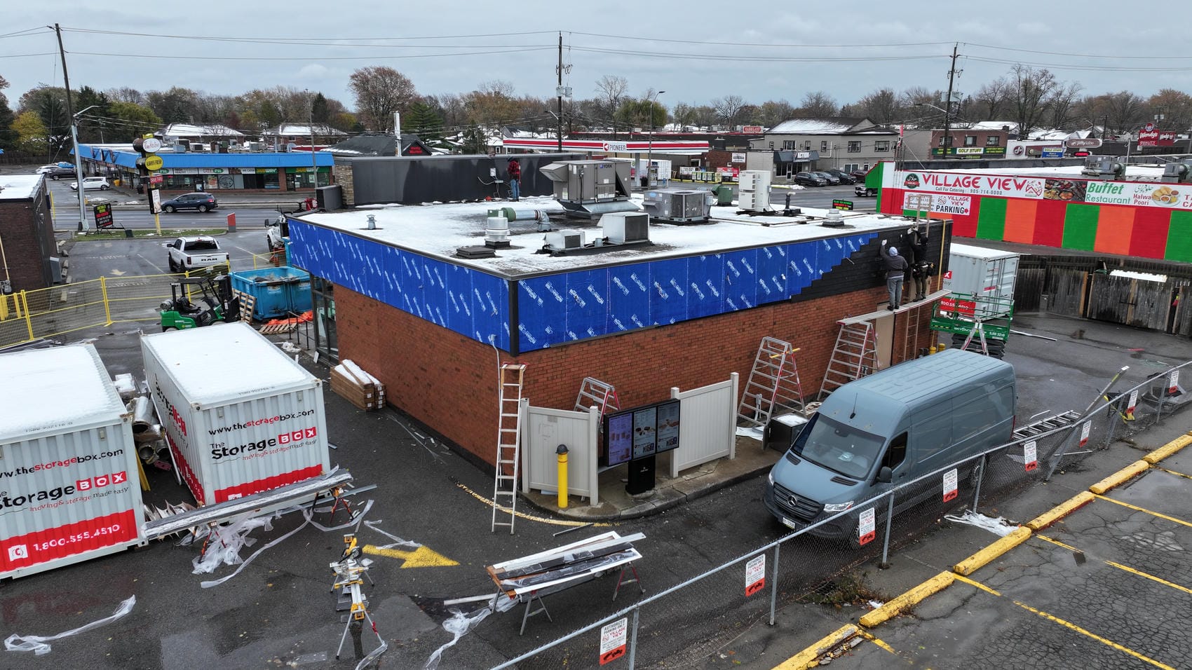 Rear elevation of Tim Hortons commercial exterior project in Grimsby during work