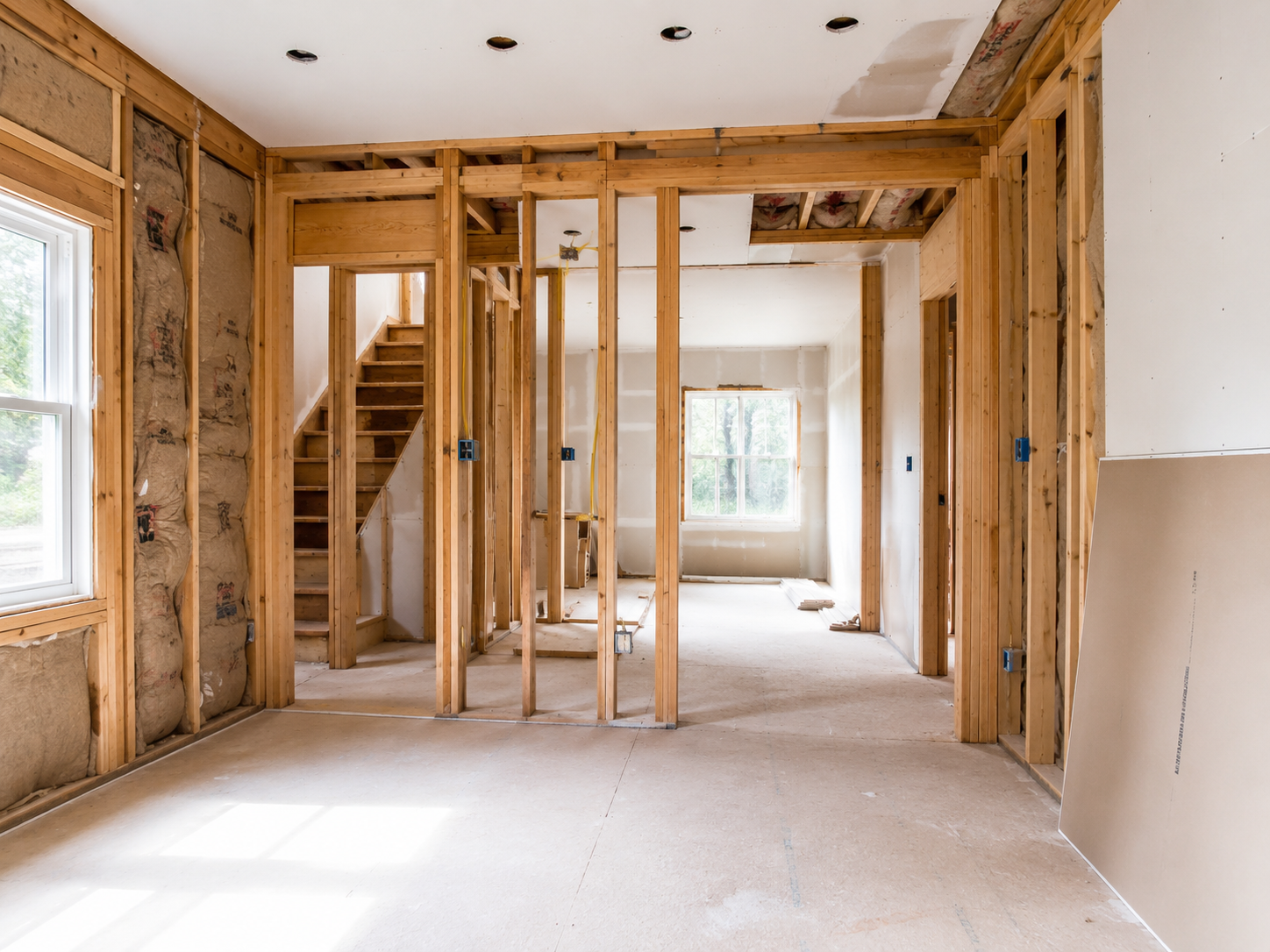 Interior framing and insulation stage of a home renovation