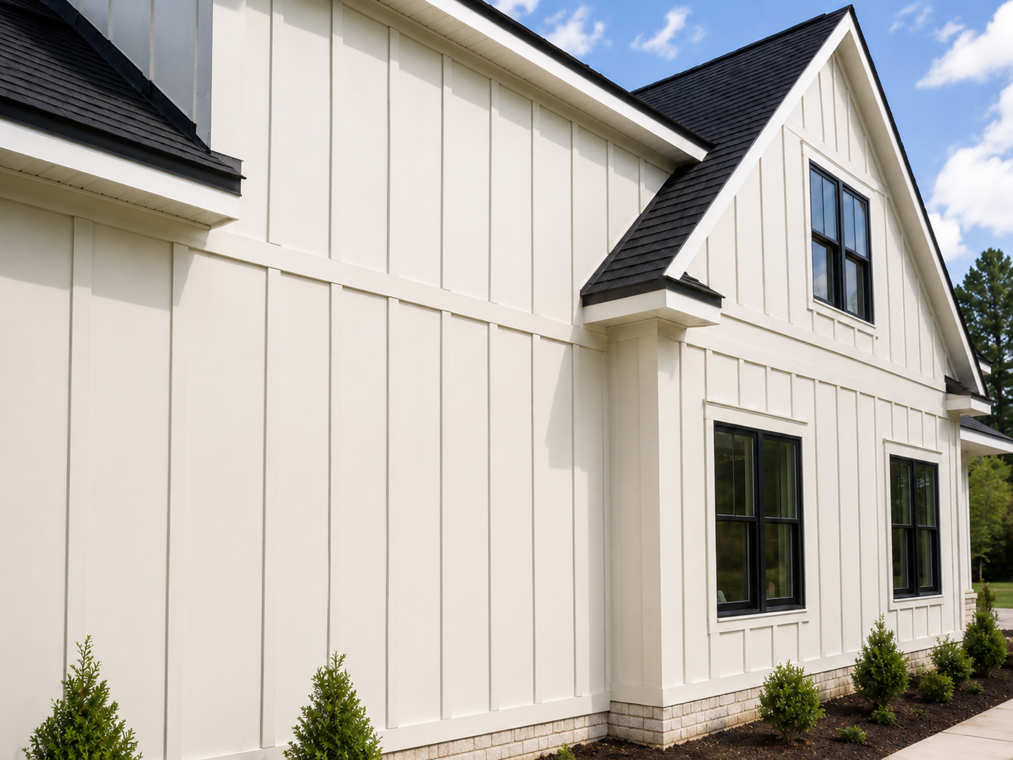 White board and batten fiber cement siding on a modern farmhouse exterior in Niagara.