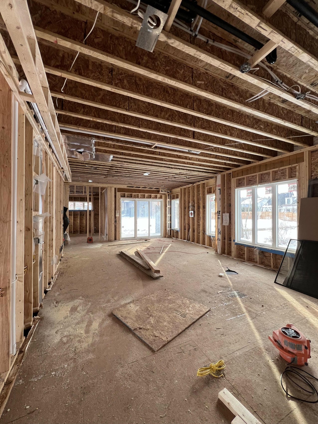 Open concept interior framing with new window openings in Niagara