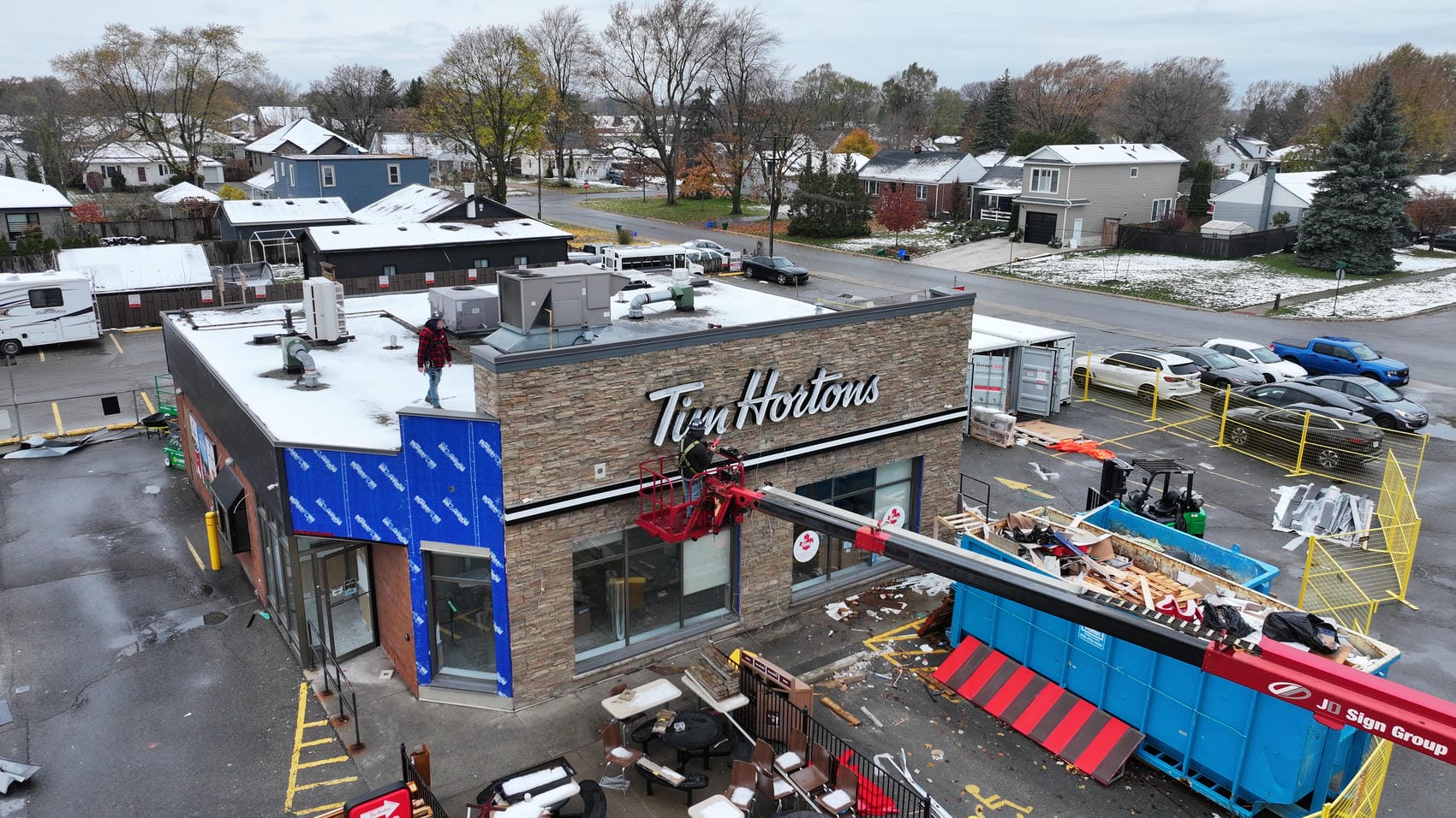 Aerial view of Tim Hortons commercial exterior project in Grimsby Ontario