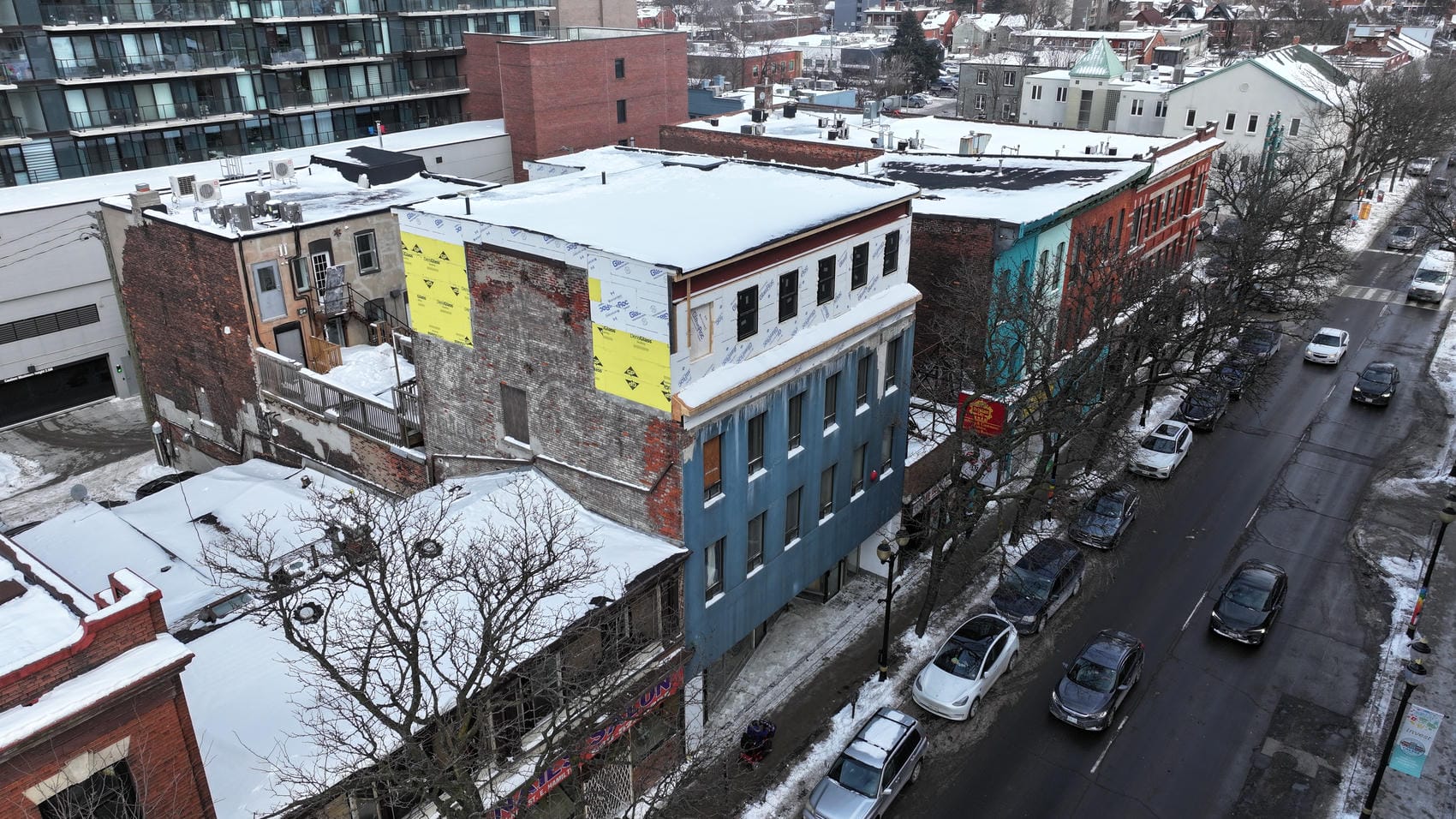 Street view of four-storey commercial exterior project in Hamilton Ontario