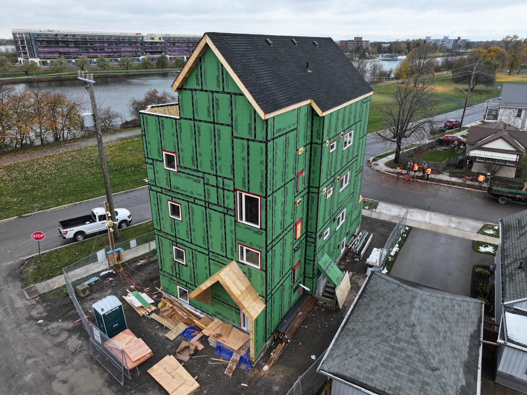 Aerial project overview of commercial building in Welland before cladding