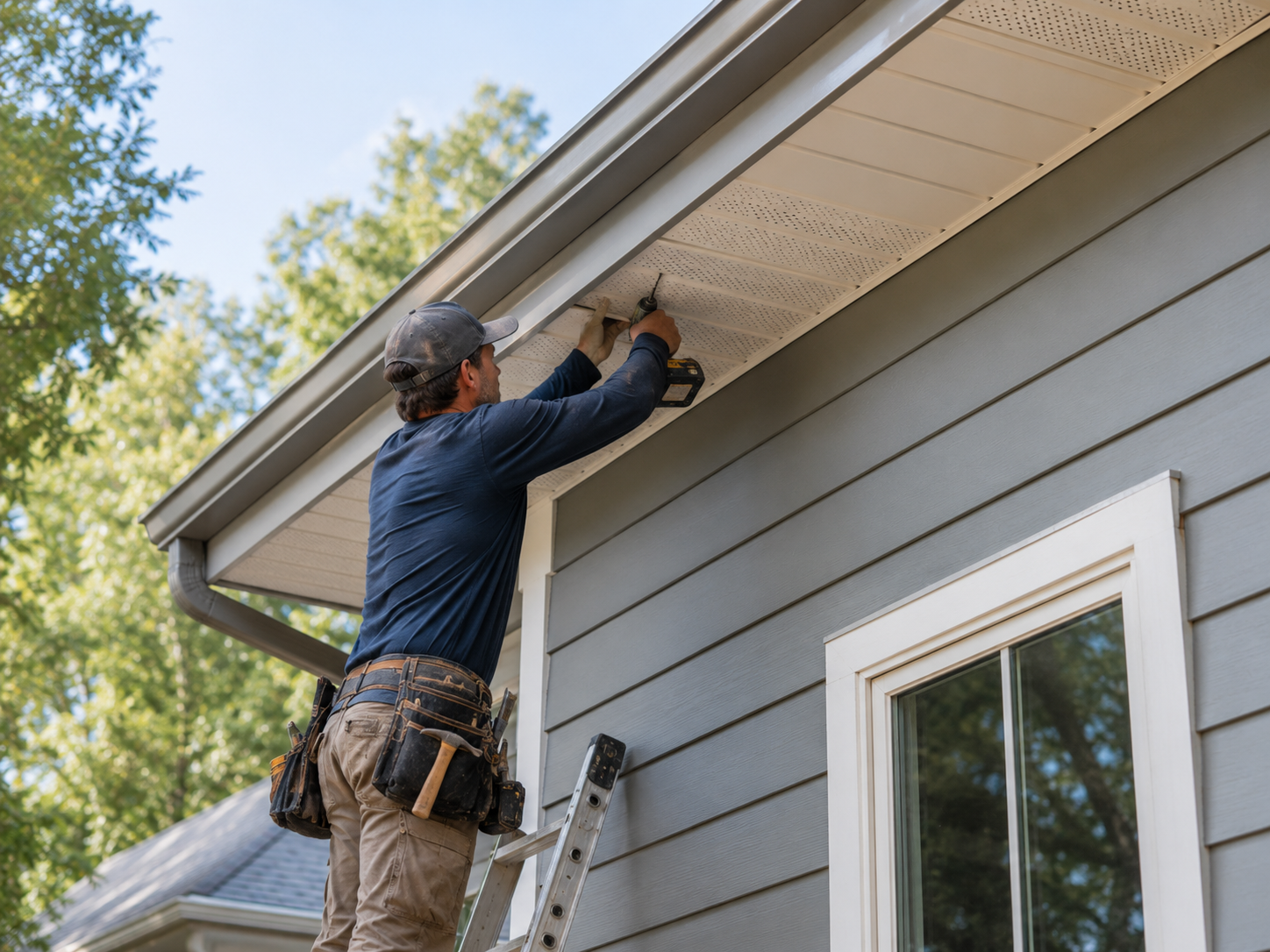 Contractor installing vented soffit and fascia along a home's roofline in the Niagara region.